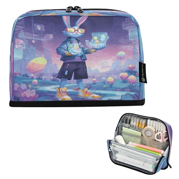 Pencil Bag with Magnetic Foldable Base Large Capacity Stand-Up Pencil Case Durable Nylon Pen Pouch Cyberpunk-style Easter Bunny