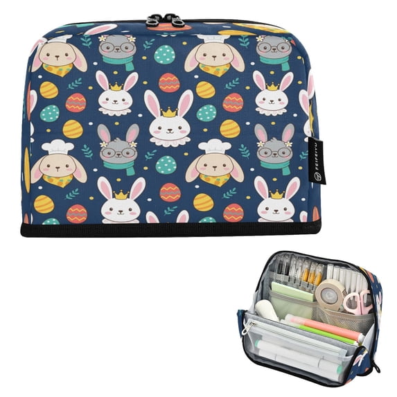 Pencil Bag with Magnetic Foldable Base Large Capacity Stand-Up Pencil Case Durable Nylon Pen Pouch Easter Bunnies and Decorated Eggs