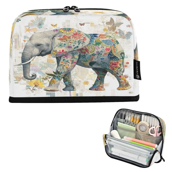 Pencil Bag with Magnetic Foldable Base Large Capacity Stand-Up Pencil Case Durable Nylon Pen Pouch Elephant with Colorful Floral