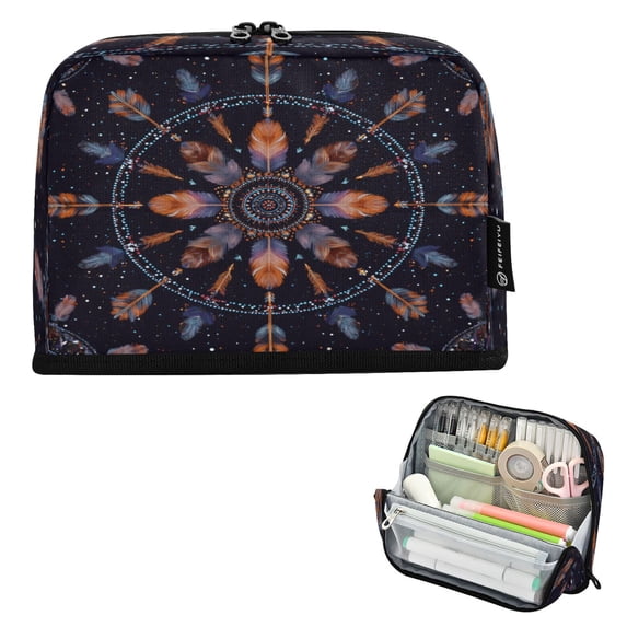 Pencil Bag with Magnetic Foldable Base Large Capacity Stand-Up Pencil Case Durable Nylon Pen Pouch Feathers and Beads Pattern