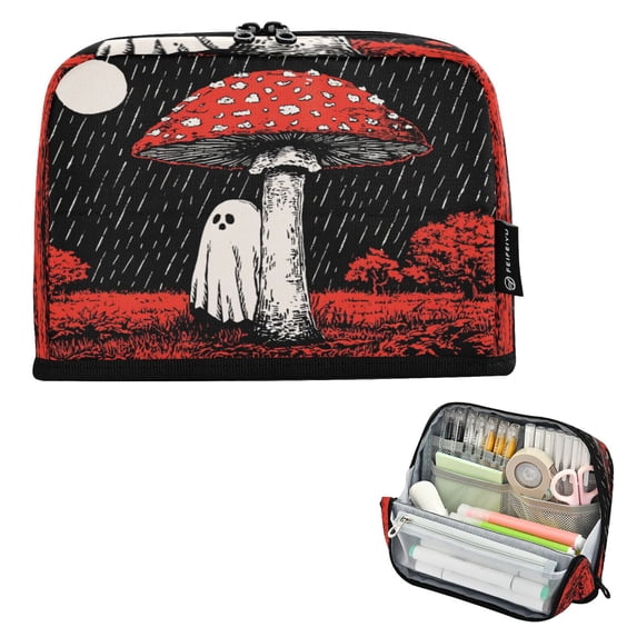 Pencil Bag with Magnetic Foldable Base Large Capacity Stand-Up Pencil Case Durable Nylon Pen Pouch Ghost Standing under A Mushroom