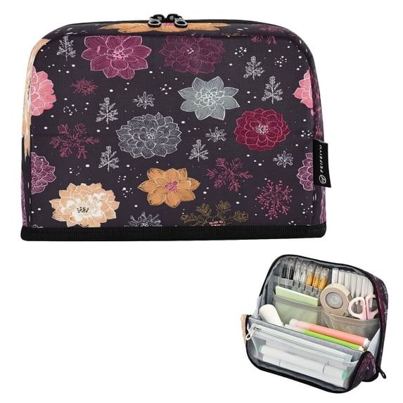 Pencil Bag with Magnetic Foldable Base Large Capacity Stand-Up Pencil Case Durable Nylon Pen Pouch Hand-drawn Flowers and Snowflakes