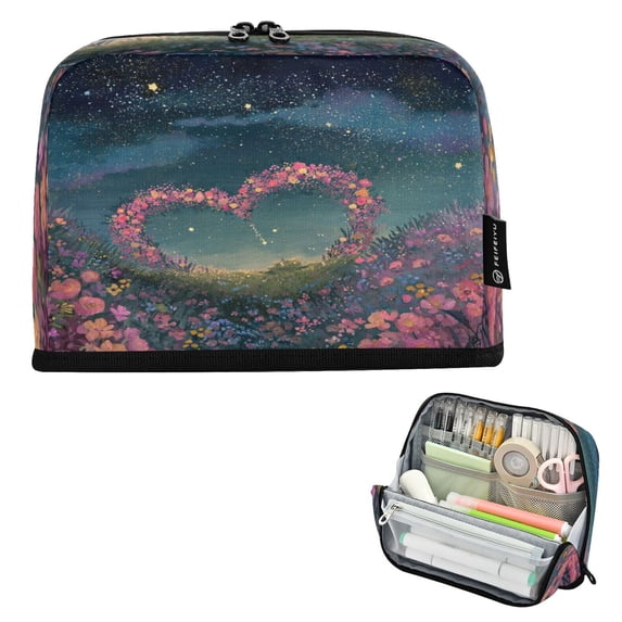 Pencil Bag with Magnetic Foldable Base Large Capacity Stand-Up Pencil Case Durable Nylon Pen Pouch Heart-shaped Garlands Float
