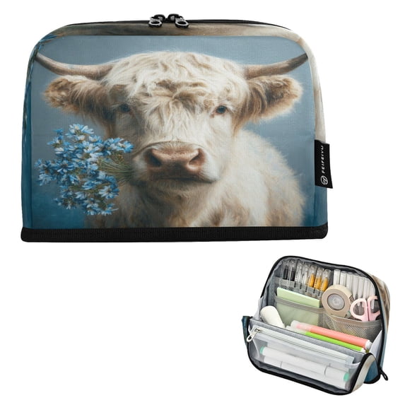 Pencil Bag with Magnetic Foldable Base Large Capacity Stand-Up Pencil Case Durable Nylon Pen Pouch Highland Cow and Blue Flowers