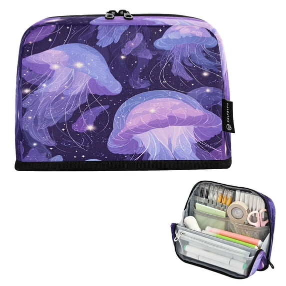 Pencil Bag with Magnetic Foldable Base Large Capacity Stand-Up Pencil Case Durable Nylon Pen Pouch Jellyfish in Space