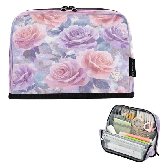 Pencil Bag with Magnetic Foldable Base Large Capacity Stand-Up Pencil Case Durable Nylon Pen Pouch Lavender Watercolor Roses