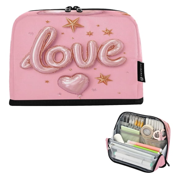 Pencil Bag with Magnetic Foldable Base Large Capacity Stand-Up Pencil Case Durable Nylon Pen Pouch Love Balloons and Stars