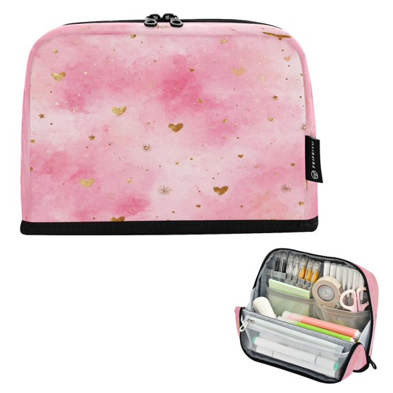 Pencil Bag with Magnetic Foldable Base Large Capacity Stand-Up Pencil Case Durable Nylon Pen Pouch Pink Background with Hearts
