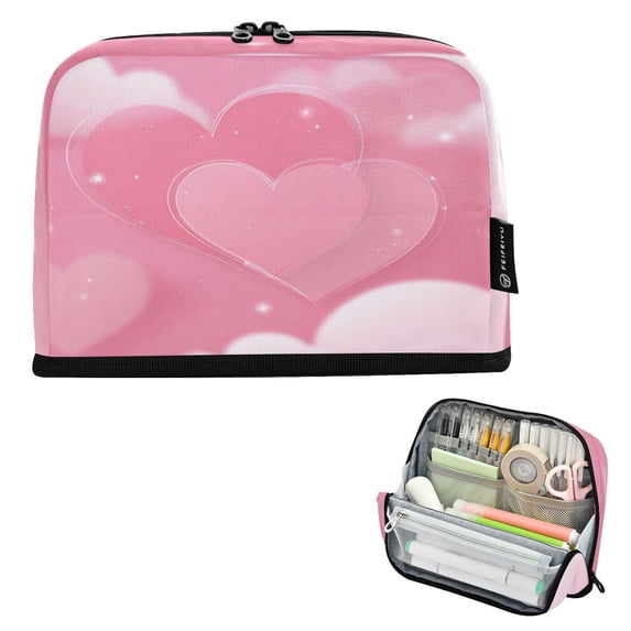 Pencil Bag with Magnetic Foldable Base Large Capacity Stand-Up Pencil Case Durable Nylon Pen Pouch Pink Dreamy Heart