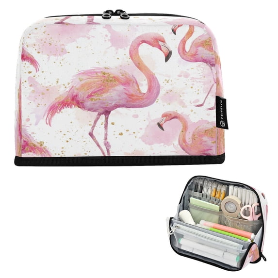 Pencil Bag with Magnetic Foldable Base Large Capacity Stand-Up Pencil Case Durable Nylon Pen Pouch Pink Flamingos with Golden Dot