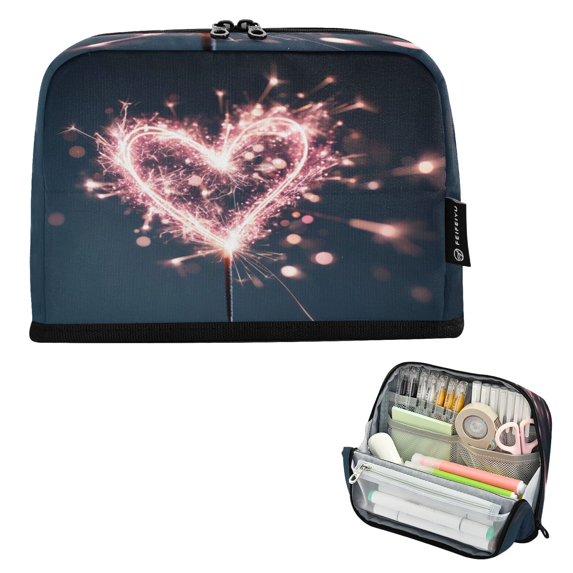 Pencil Bag with Magnetic Foldable Base Large Capacity Stand-Up Pencil Case Durable Nylon Pen Pouch Pink Heart-shaped Sparkler