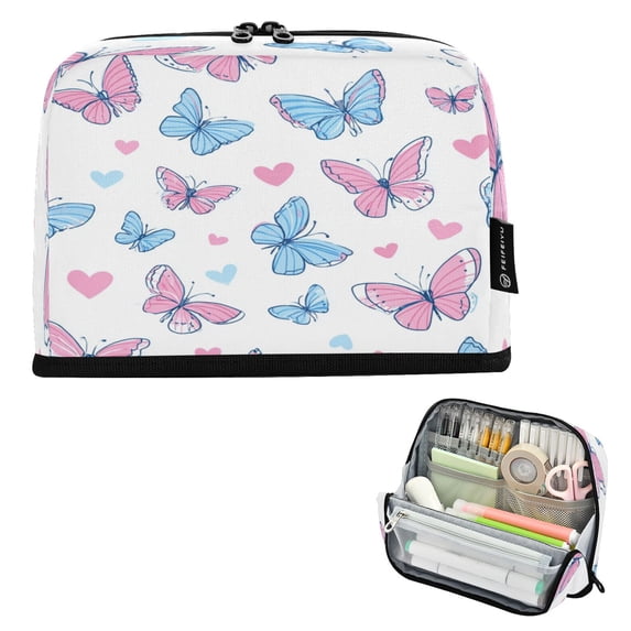 Pencil Bag with Magnetic Foldable Base Large Capacity Stand-Up Pencil Case Durable Nylon Pen Pouch Pink and Blue Butterflies