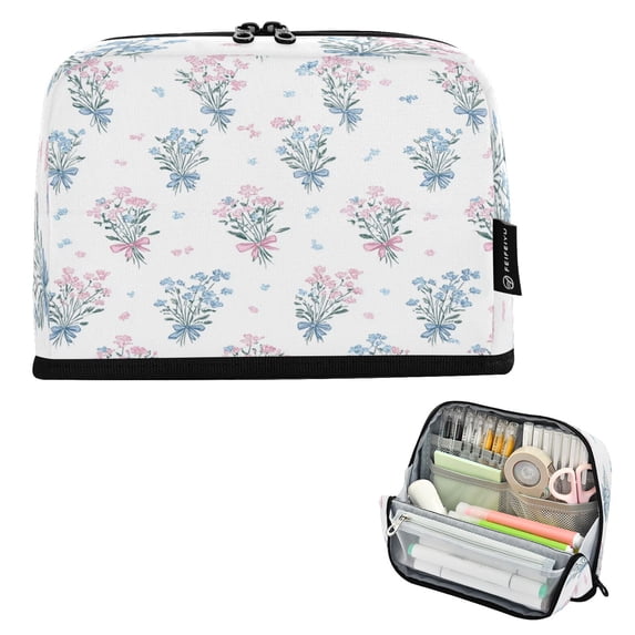 Pencil Bag with Magnetic Foldable Base Large Capacity Stand-Up Pencil Case Durable Nylon Pen Pouch Pink and Blue Wildflower Bouquet