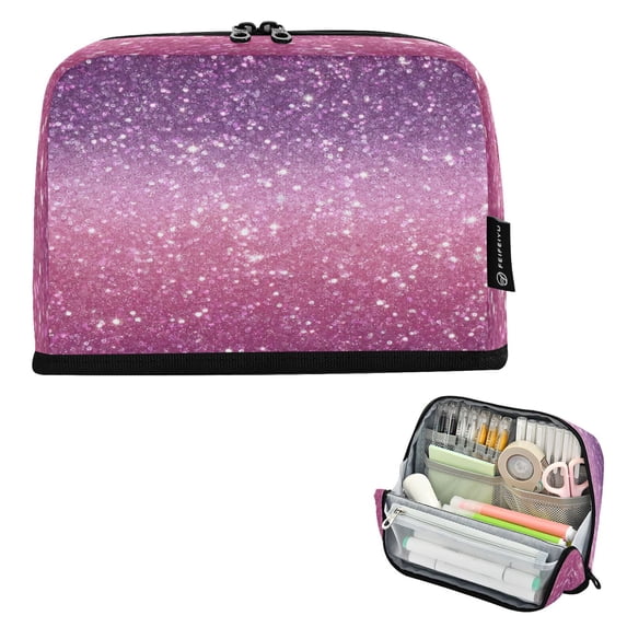 Pencil Bag with Magnetic Foldable Base Large Capacity Stand-Up Pencil Case Durable Nylon Pen Pouch Pink and Purple Glitter Pattern