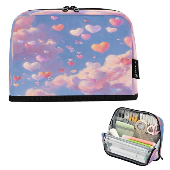 Pencil Bag with Magnetic Foldable Base Large Capacity Stand-Up Pencil Case Durable Nylon Pen Pouch Pink and White Hearts Pattern