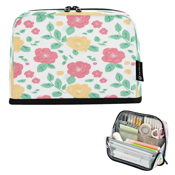 Pencil Bag with Magnetic Foldable Base Large Capacity Stand-Up Pencil Case Durable Nylon Pen Pouch Pink and Yellow Roses