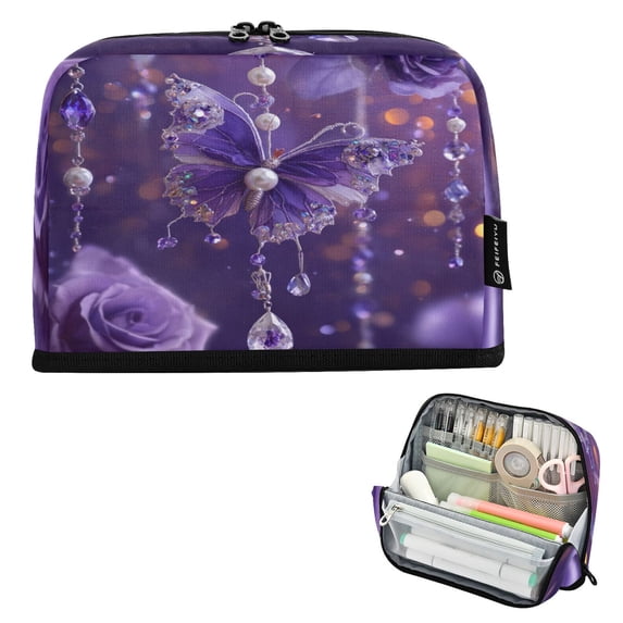 Pencil Bag with Magnetic Foldable Base Large Capacity Stand-Up Pencil Case Durable Nylon Pen Pouch Purple Butterfly Pattern