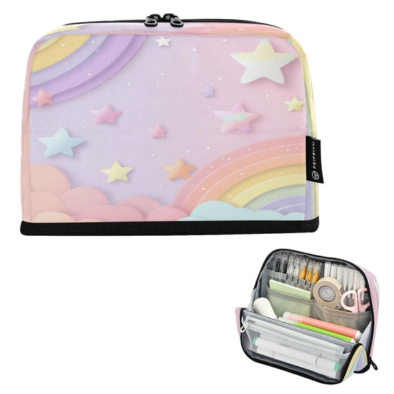 Pencil Bag with Magnetic Foldable Base Large Capacity Stand-Up Pencil Case Durable Nylon Pen Pouch Rainbow Stars and Cloud Pattern