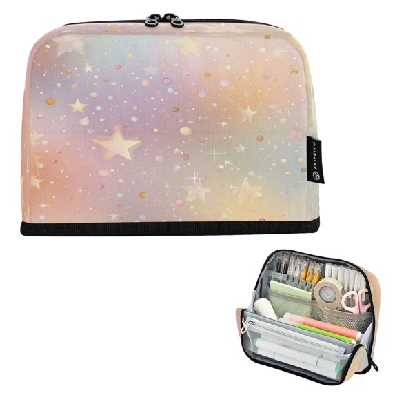 Pencil Bag with Magnetic Foldable Base Large Capacity Stand-Up Pencil Case Durable Nylon Pen Pouch Rainbow-colored Stars and Dots