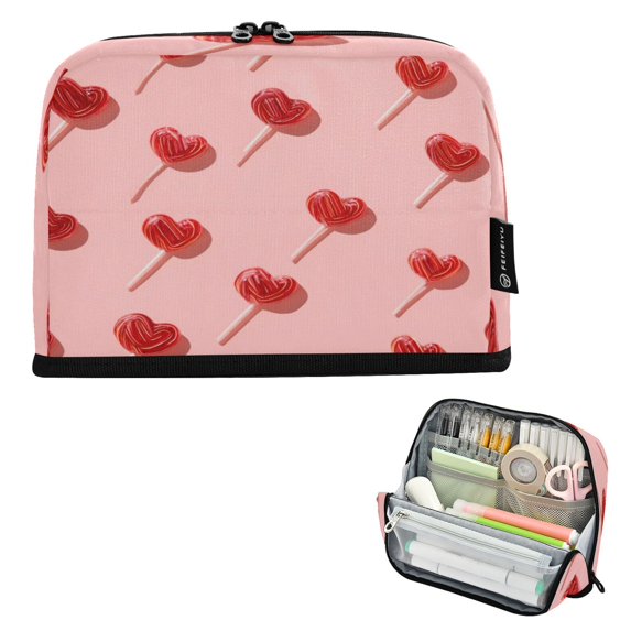 Pencil Bag with Magnetic Foldable Base Large Capacity Stand-Up Pencil Case Durable Nylon Pen Pouch Red Heart-shaped Lollipops