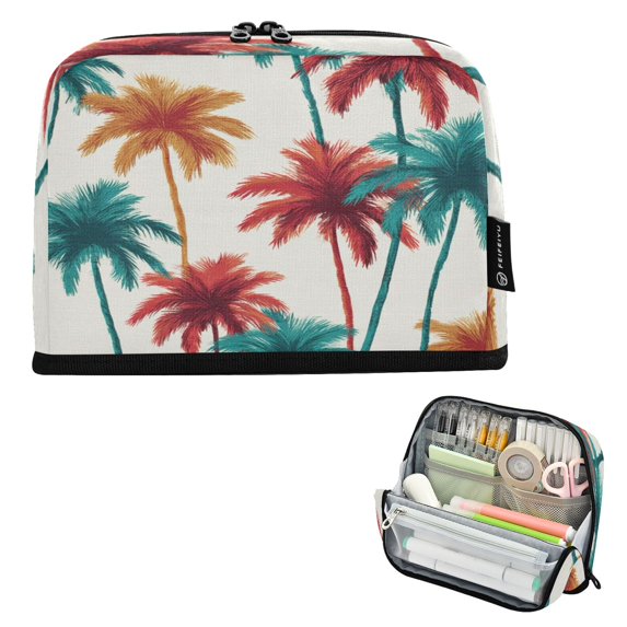 Pencil Bag with Magnetic Foldable Base Large Capacity Stand-Up Pencil Case Durable Nylon Pen Pouch Red and Teal Palm Tree