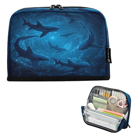 Pencil Bag with Magnetic Foldable Base Large Capacity Stand-Up Pencil Case Durable Nylon Pen Pouch Sharks Are Swimming