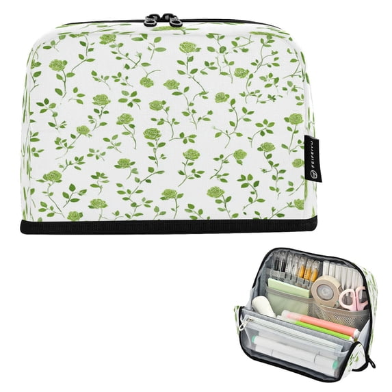 Pencil Bag with Magnetic Foldable Base Large Capacity Stand-Up Pencil Case Durable Nylon Pen Pouch Small Green Rose Pattern