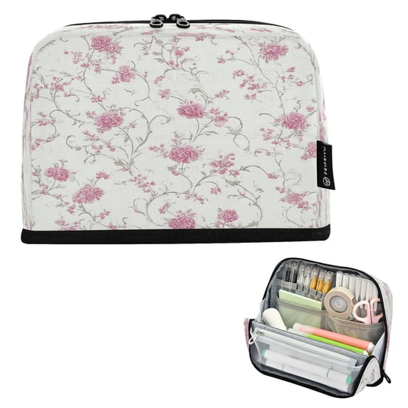 Pencil Bag with Magnetic Foldable Base Large Capacity Stand-Up Pencil Case Durable Nylon Pen Pouch Small Pink Floral Pattern