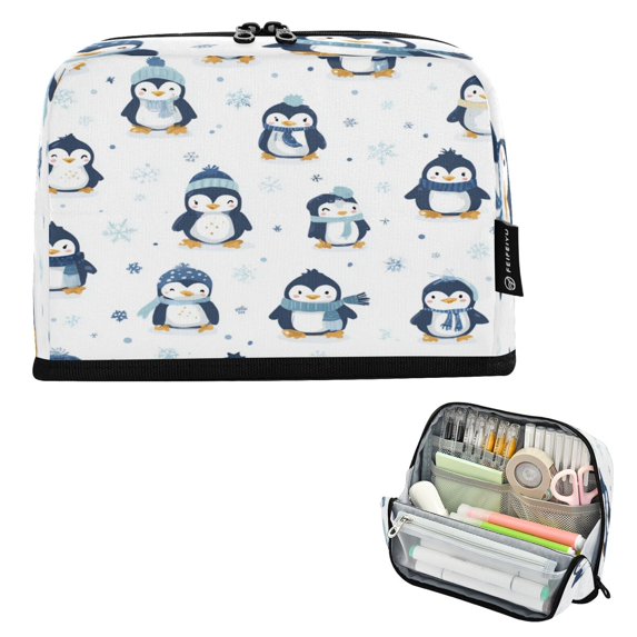 Pencil Bag with Magnetic Foldable Base Large Capacity Stand-Up Pencil Case Durable Nylon Pen Pouch Various Poses Penguin Patterns