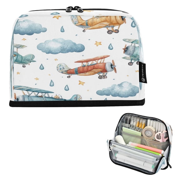 Pencil Bag with Magnetic Foldable Base Large Capacity Stand-Up Pencil Case Durable Nylon Pen Pouch Watercolor Airplane Pattern