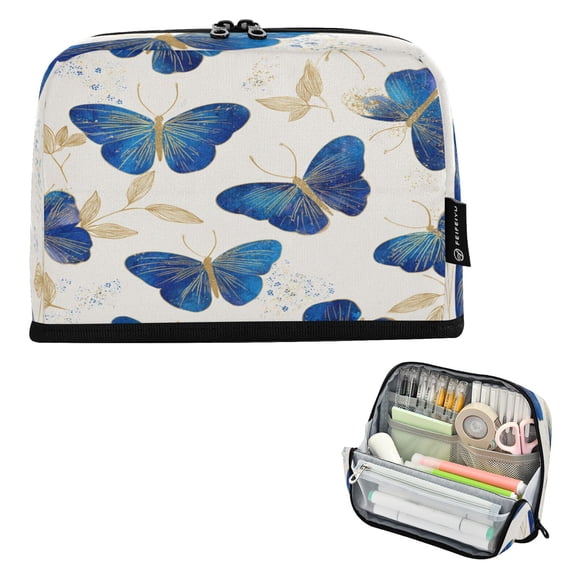 Pencil Bag with Magnetic Foldable Base Large Capacity Stand-Up Pencil Case Durable Nylon Pen Pouch Watercolor Blue Butterfly