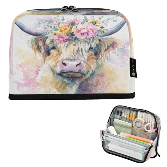 Pencil Bag with Magnetic Foldable Base Large Capacity Stand-Up Pencil Case Durable Nylon Pen Pouch Watercolor Highland Cow