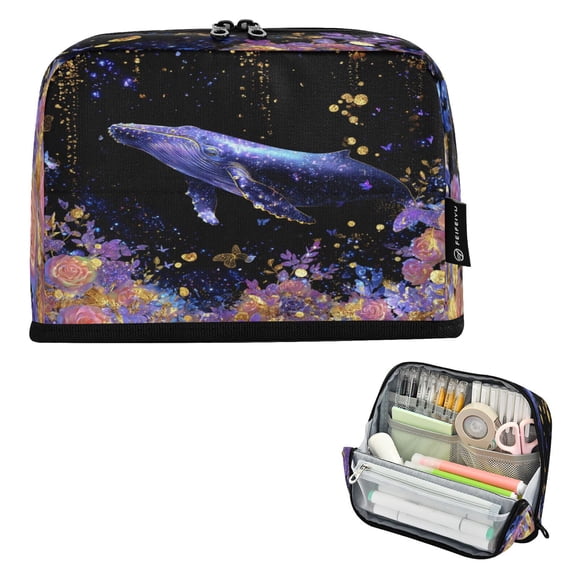 Pencil Bag with Magnetic Foldable Base Large Capacity Stand-Up Pencil Case Durable Nylon Pen Pouch Whale and Rose Pattern