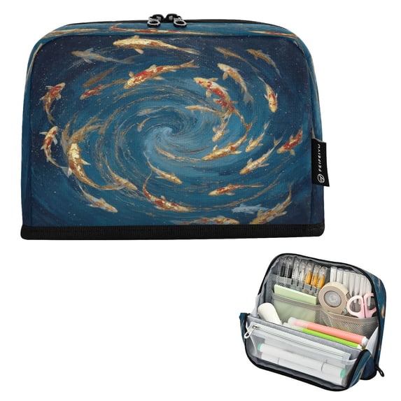 Pencil Bag with Magnetic Foldable Base Large Capacity Stand-Up Pencil Case Durable Nylon Pen Pouch Whirlpool Carp Pattern