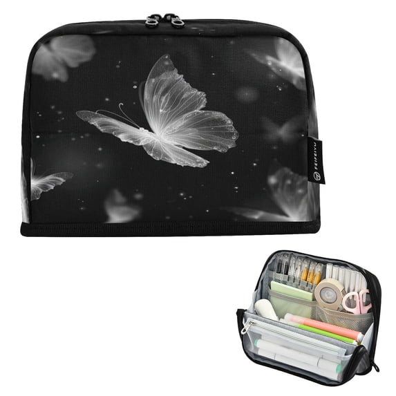 Pencil Bag with Magnetic Foldable Base Large Capacity Stand-Up Pencil Case Durable Nylon Pen Pouch White Glowing Butterfly