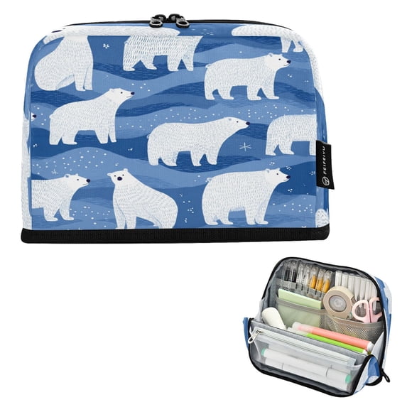 Pencil Bag with Magnetic Foldable Base Large Capacity Stand-Up Pencil Case Durable Nylon Pen Pouch White Polar Bears Pattern