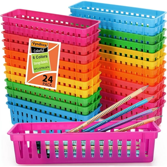 Pencil Basket Tray,24 Pack Plastic Classroom Pencil Organizer Basket,Small Pencil Holder Trays,Colorful Crayon Basket for Classroom Home Office Storage,Organization,9.3" L x 2.2" W x 2.4" H