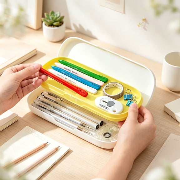 Pencil Box,Double Layer Hard Plastic Pencil Boxes,Waterproof Pen Bag with Hinged Lid and Snap Closure,8.6x3.1 Inch Portable Plastic Pencil Storage Case,Storage Organizer for Office Supplies