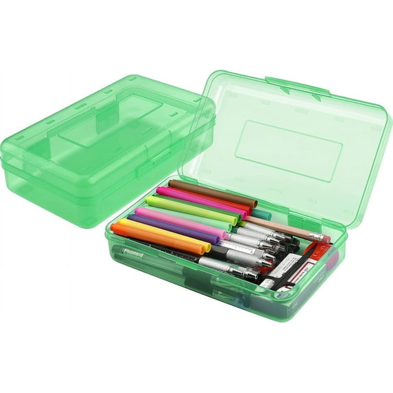 Pencil Box, Large Capacity Clear Pencil Case, 1 Pack Hard Pencil Case, Clear Crayon Box with Snap-tight Lid Stackable Design, Plastic Storage Box for Office Supplies, Green