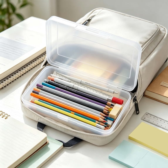 Pencil Box, Large Capacity Clear Pencil Case with Snap-tight Lid Stackable, Plastic Storage Box for Office Supplies, 8.1 x 4.7 x 2.3in, White