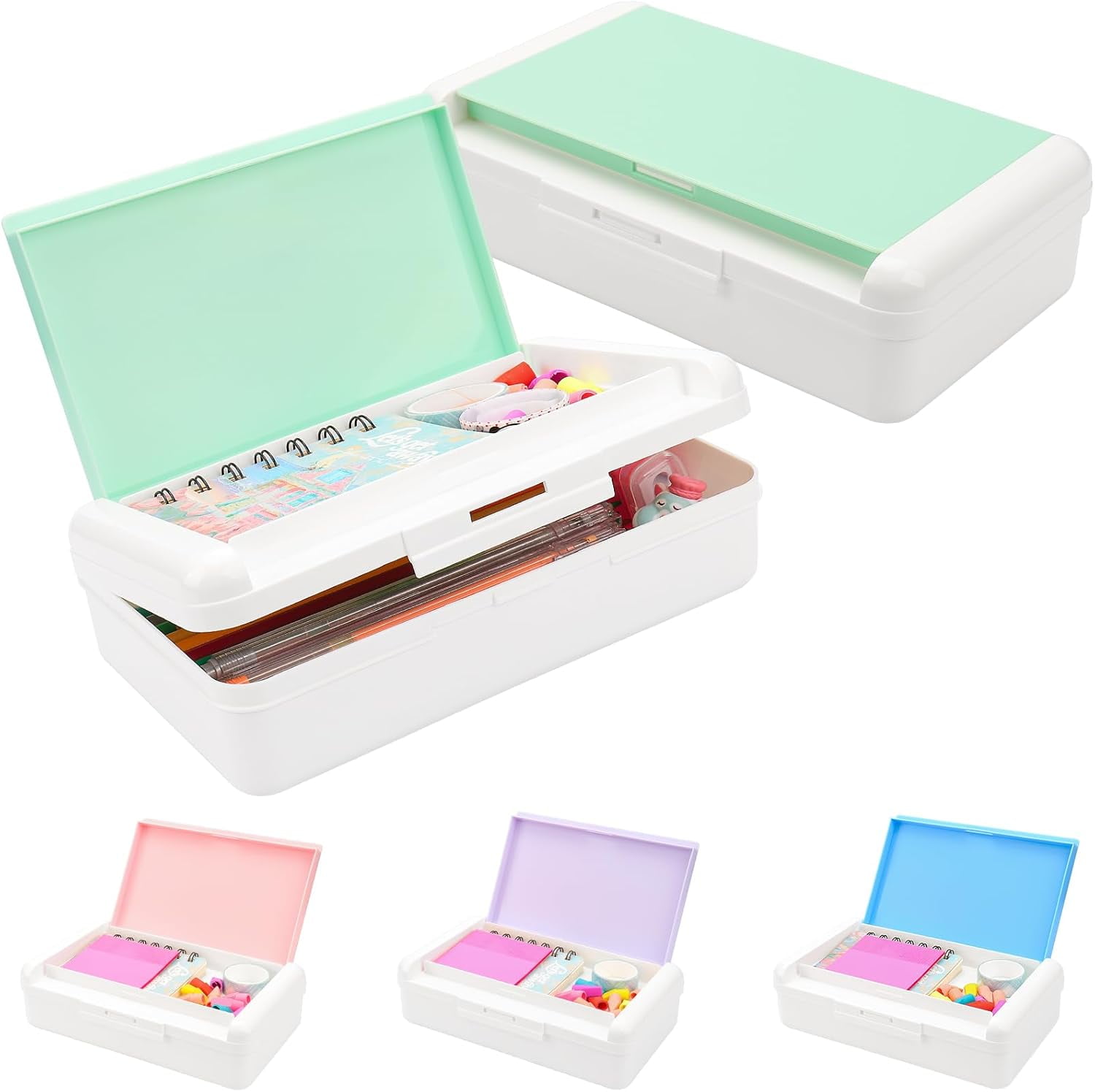 Pencil Box for Office Supplies Storage Organizer, Double Layer Large Capacity Pencil Boxes, Plastic Crayon Box with Snap-tight Lid,Stackable Storage Case for Gel Pen Pencils Case-Pale Green