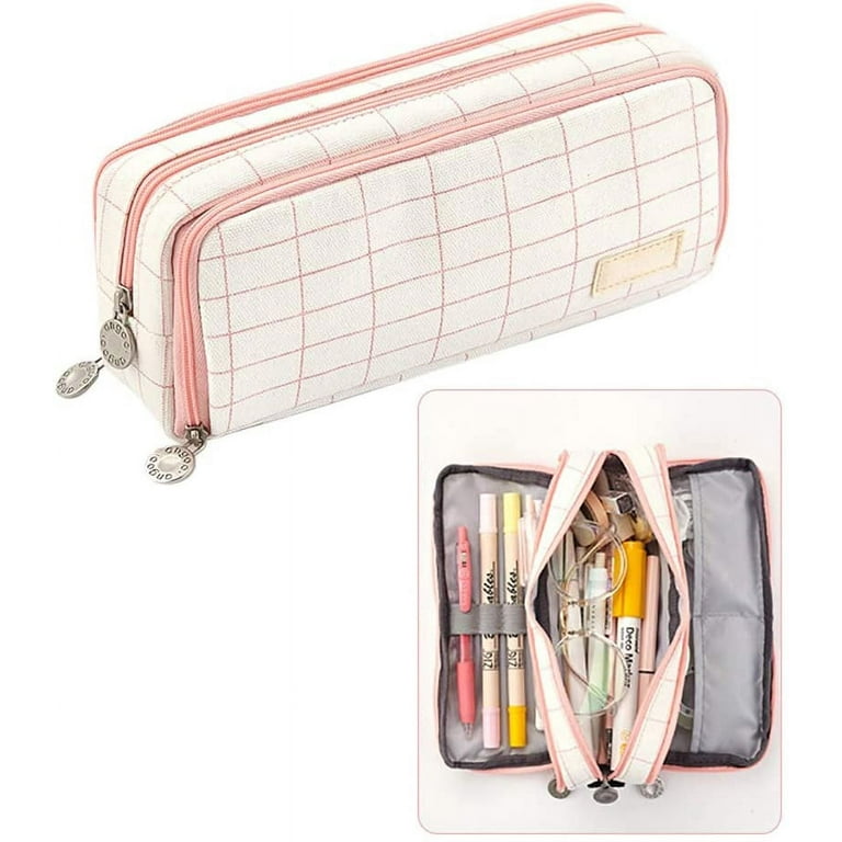 Pencil Case Grid Pencil Pouch with 3 Compartments Stationery Bag Pencil Bag  for Girls Teens Students Art School and Office Suppli