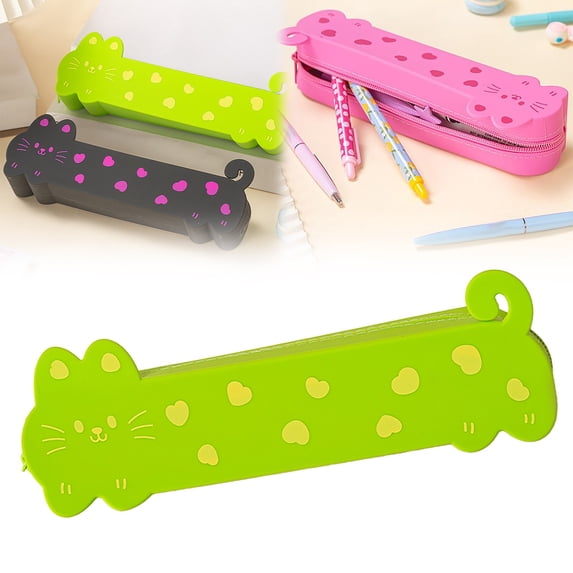 Pencil Case, Cute Cartoon Kitty Pen Case Adorable Cat Pencil Pouch, Waterproof Zipper Stationery Bag, Large Capacity Pencil Bag, Non-Compartment, Stationery Supplies, Green