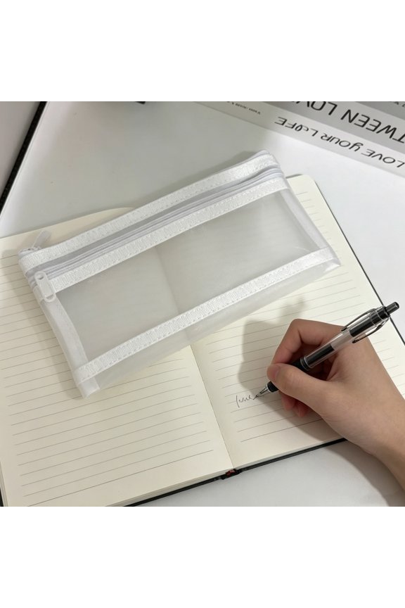Pencil Case Double Layer Partition Design Tear Resistant Stitched Structure,Clear Visible Storage Pouch for Exam Compliance Classroom Study and Teen Daily Use(White)
