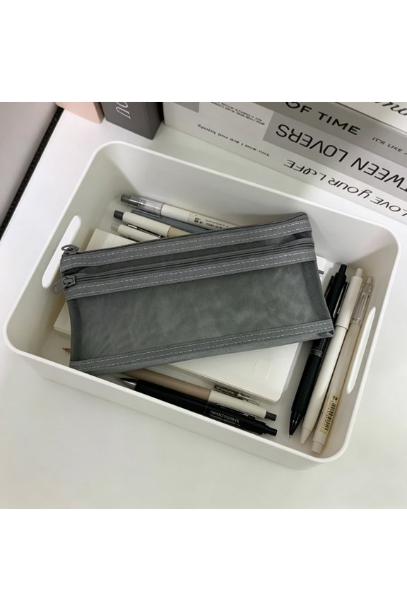 Pencil Case Double Layer Partition Design Tear Resistant Stitched Structure,Clear Visible Storage Pouch for Exam Compliance Classroom Study and Teen Daily Use(Gray)