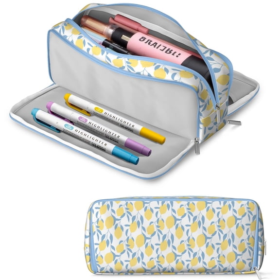 Pencil Case Featuring a Bright Yellow Lemon Pattern with Large Capacity Storage and Smooth Zipper Closure for Office Supplies, Travel Essentials and Cable Organization