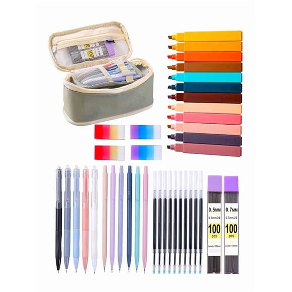 Pencil Case Full Set Of Large Capacity Handheld Fluorescent Pen Student Drawing Pen Stationery Pen Bag Combination Set 30ml Pencil Pouch Green
