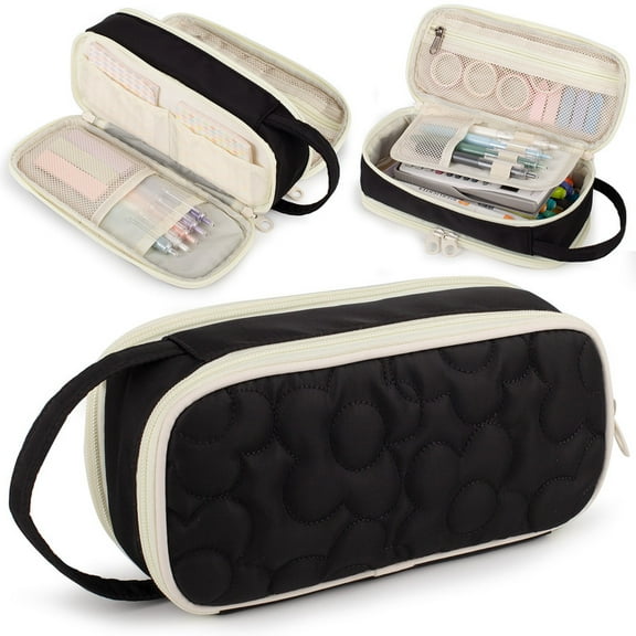 Pencil Case For Girls,Flower Quilted Large Capacity Pencil Pouch With 2 Compartment, Zipper Pencil Bag With Handle, Women Soft Pencil Box For Middle School Office College