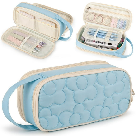 Pencil Case For Girls,Flower Quilted Large Capacity Pencil Pouch With 2 Compartment, Zipper Pencil Bag With Handle, Women Soft Pencil Box For Middle School Office College