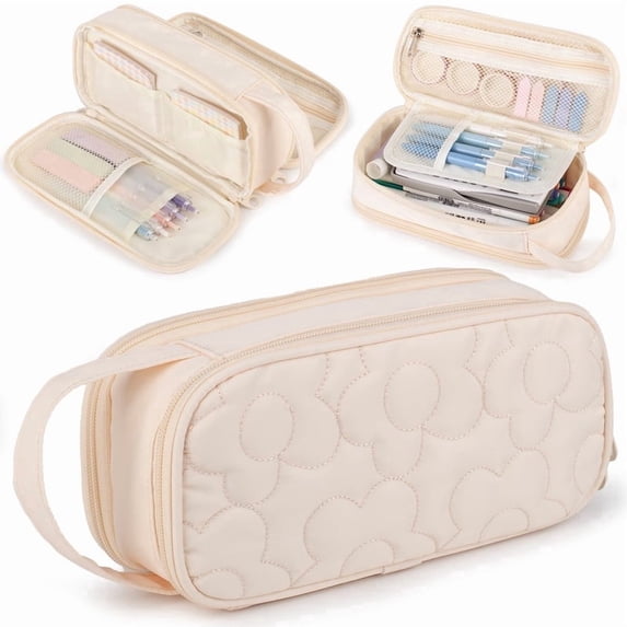 TRIPGEAR 2 Compartment Flower Quilted Pencil Pouch with Zipper Handle,Soft Box For School